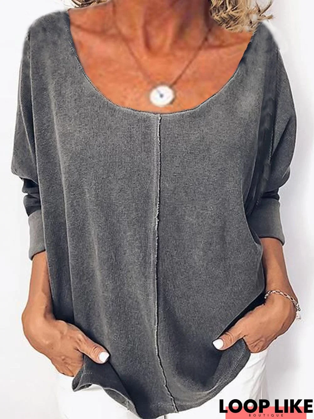 Gray Scoop Neckline Casual Solid Cotton-Blend Tunic Top