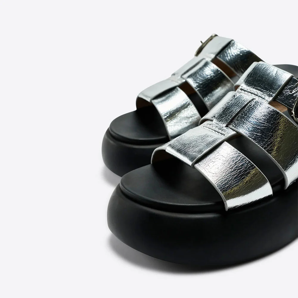 Silver Metallic Open Toe Chunky Heel Platform Buckle Mules Shoes