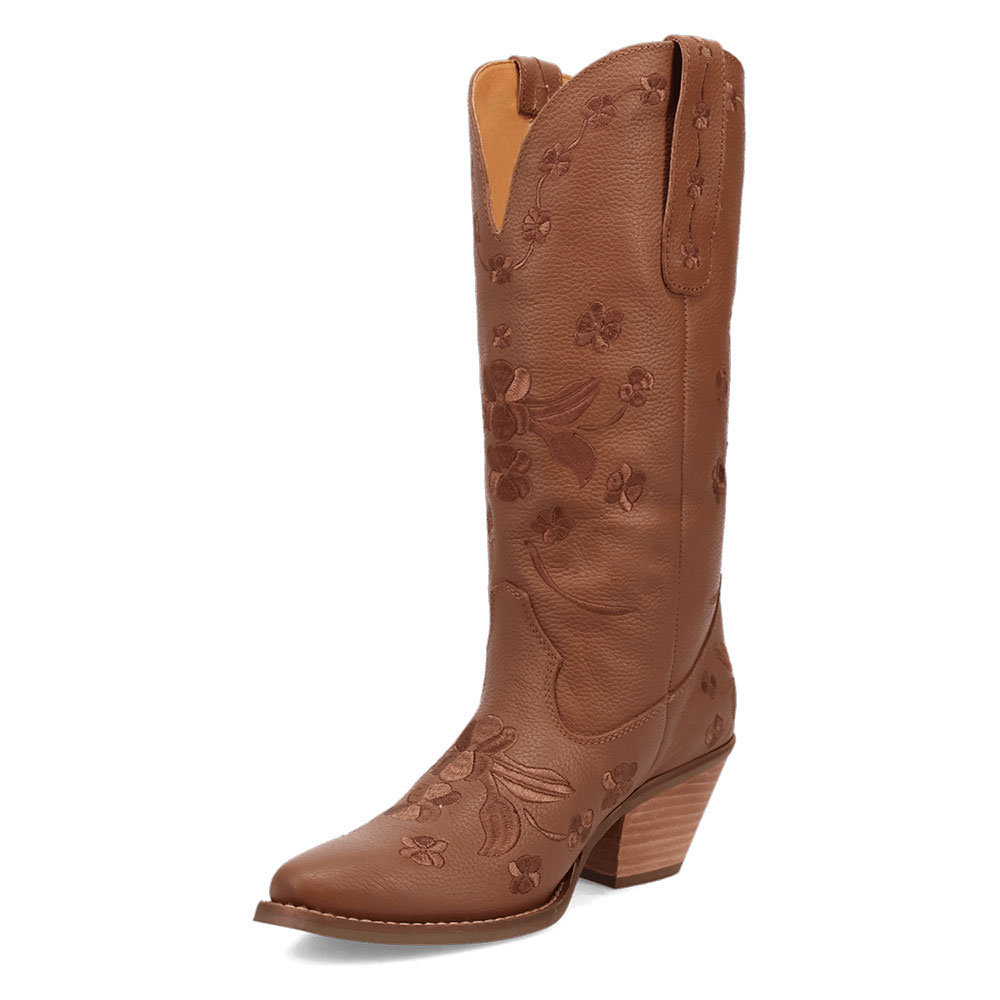 Brown Vegan Leather Snip Toe Block Heel Floral Cowboy Boots for Women Nicepairs