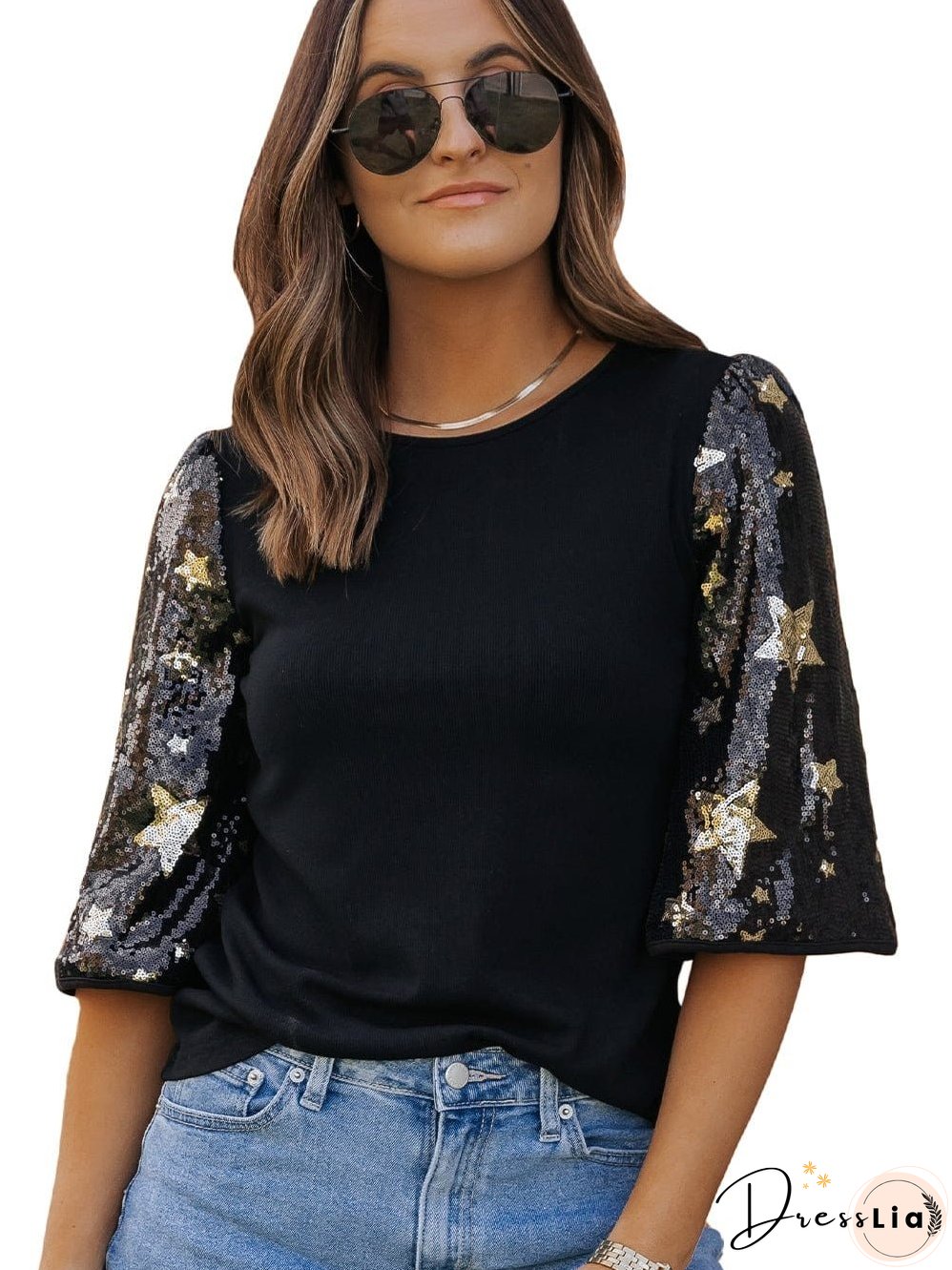 Black Star Sequin Embellished Half Sleeve Knit Top