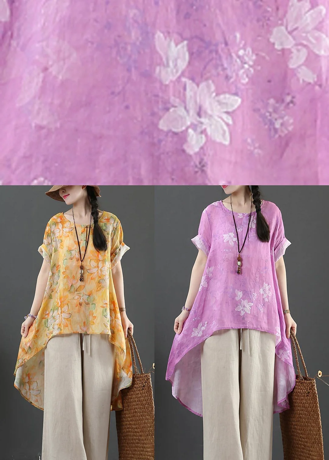 Plus Size Yellow Print Linen low high design Shirt Summer