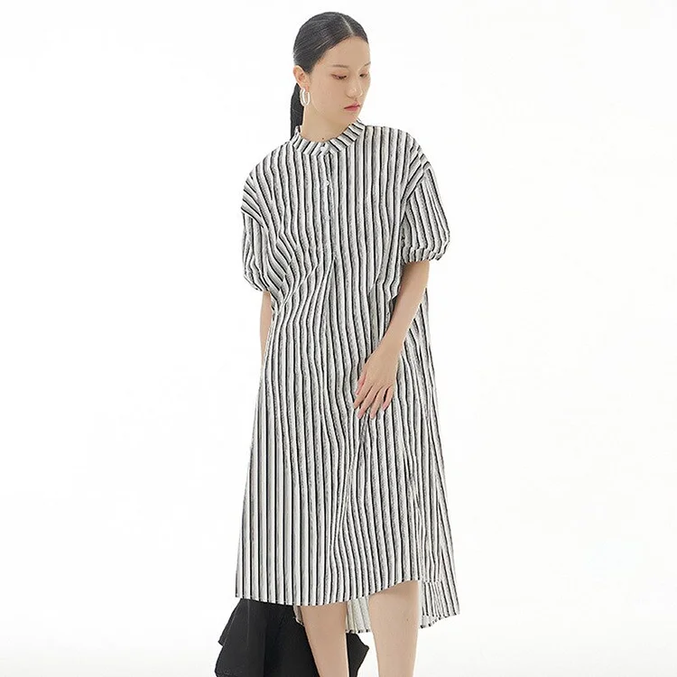 Temperament Half Stand Collar Contrast Color Stripes Single-breasted Short Sleeve Dress