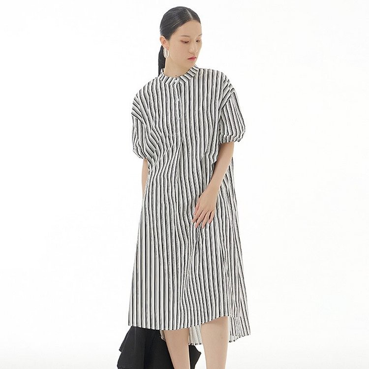 Temperament Half Stand Collar Contrast Color Stripes Single-breasted Short Sleeve Dress         