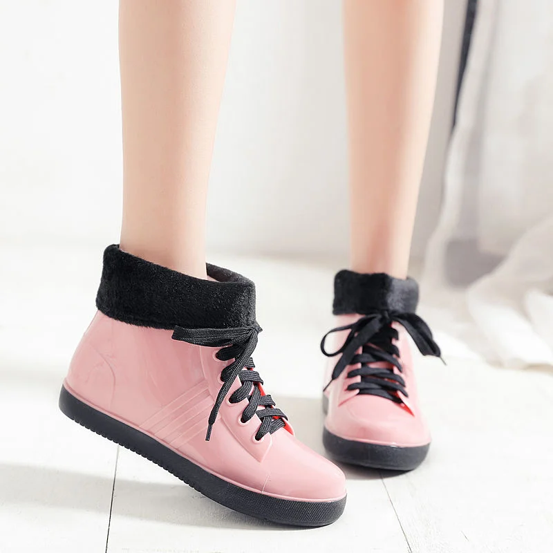 Leopard Women's Rainshoes Waterproof Non-Slip Flat Rubber Shoes Women Rain Boots Short Tube Lace Up Velvet Warmer Winter Boots