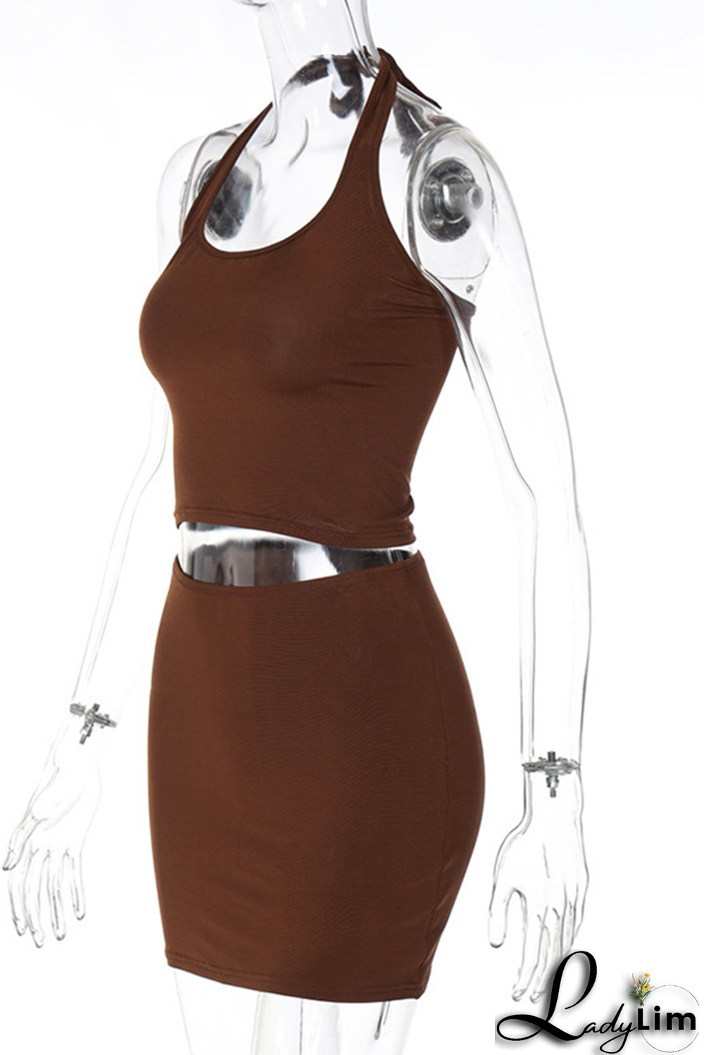 Coffee Sexy Solid Patchwork Halter Sleeveless Two Pieces