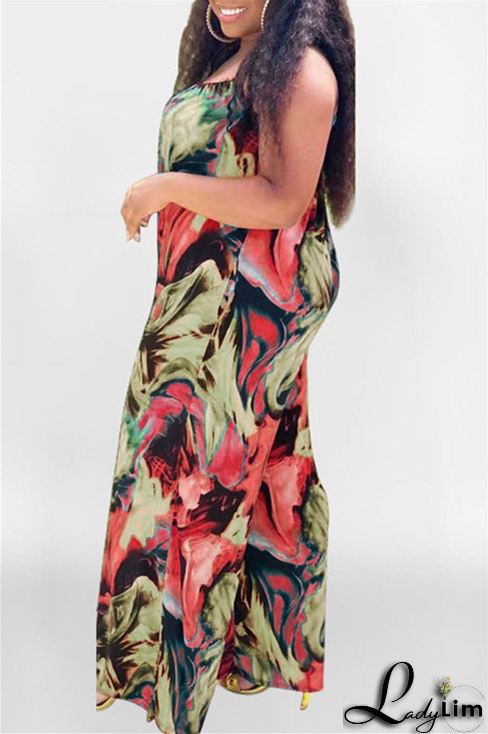 Coffee Sexy Casual Print Backless Spaghetti Strap Plus Size Jumpsuits