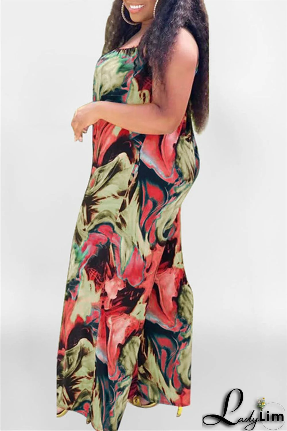 Coffee Sexy Casual Print Backless Spaghetti Strap Plus Size Jumpsuits