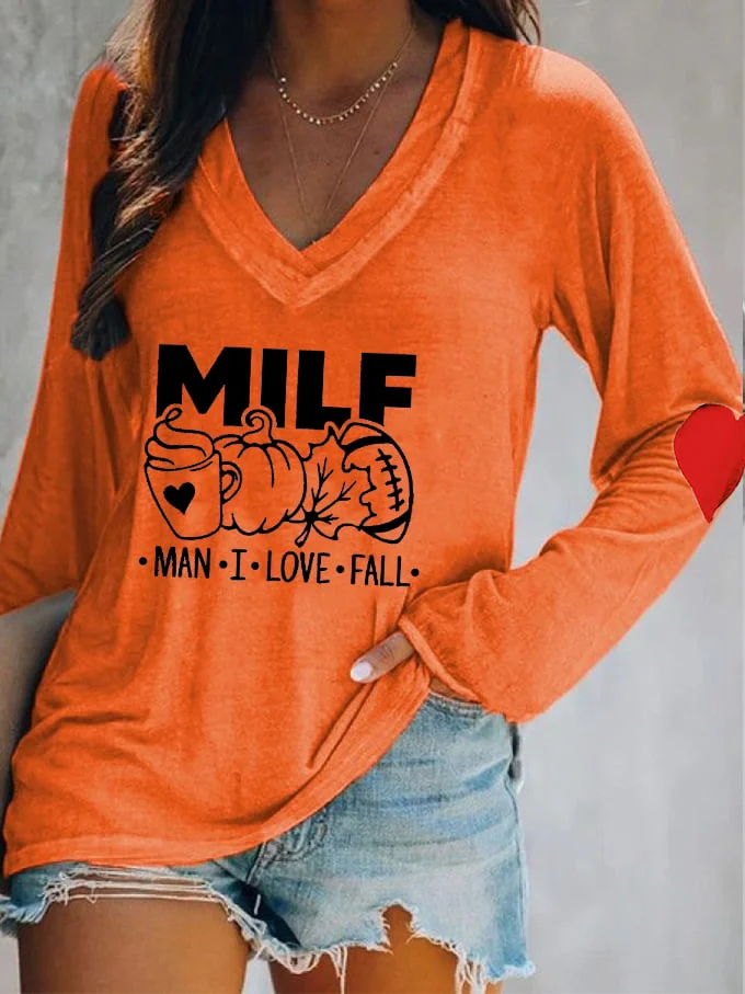 Women's MILF Man I Love Fall Pumpkin Football Maple Leaf Autumn Print V-neck Top