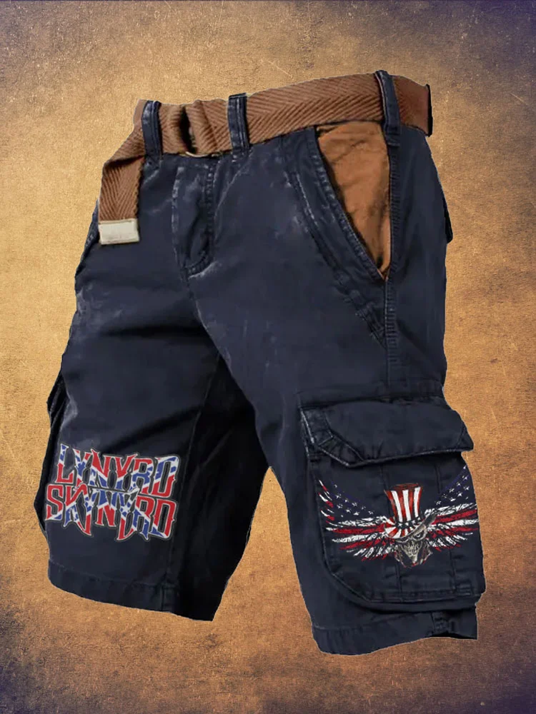 Men's Retro Rock Band Printed Cotton And Linen Shorts