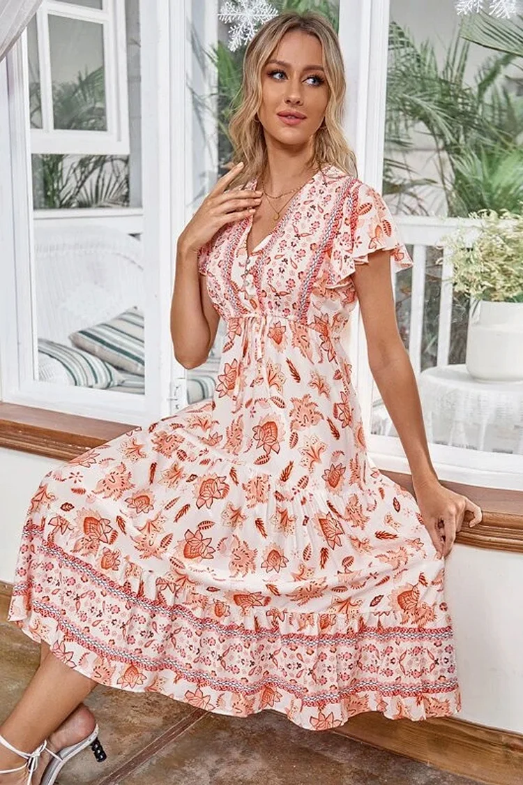 Luditu Midi Dress, Sundress, White Orange Celeste