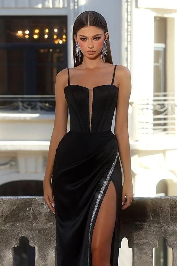 Daisda Black Sleeveless Spaghetti Straps V-Neck Beads Prom Dress With Split 