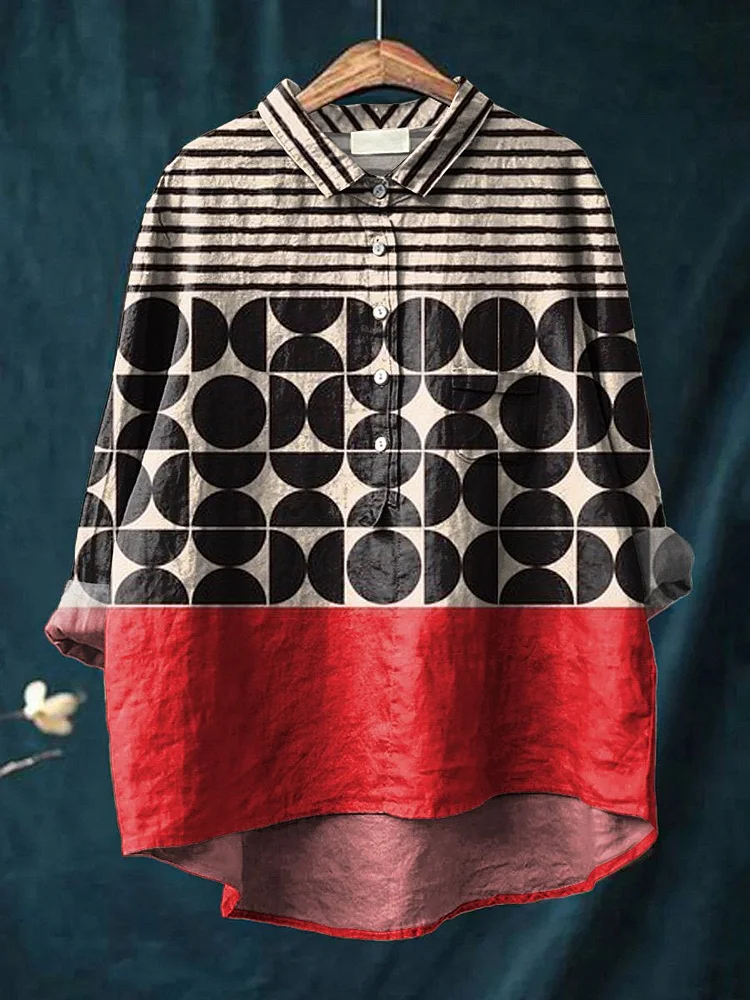 Artistry Geometric Pattern Printed Women's Casual Cotton And Linen Shirt