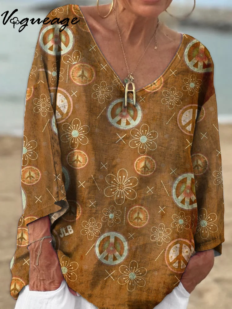 Simple Fashion Lines Flowers Peace 3/4 Sleeves Printed Cotton And Linen Shirt