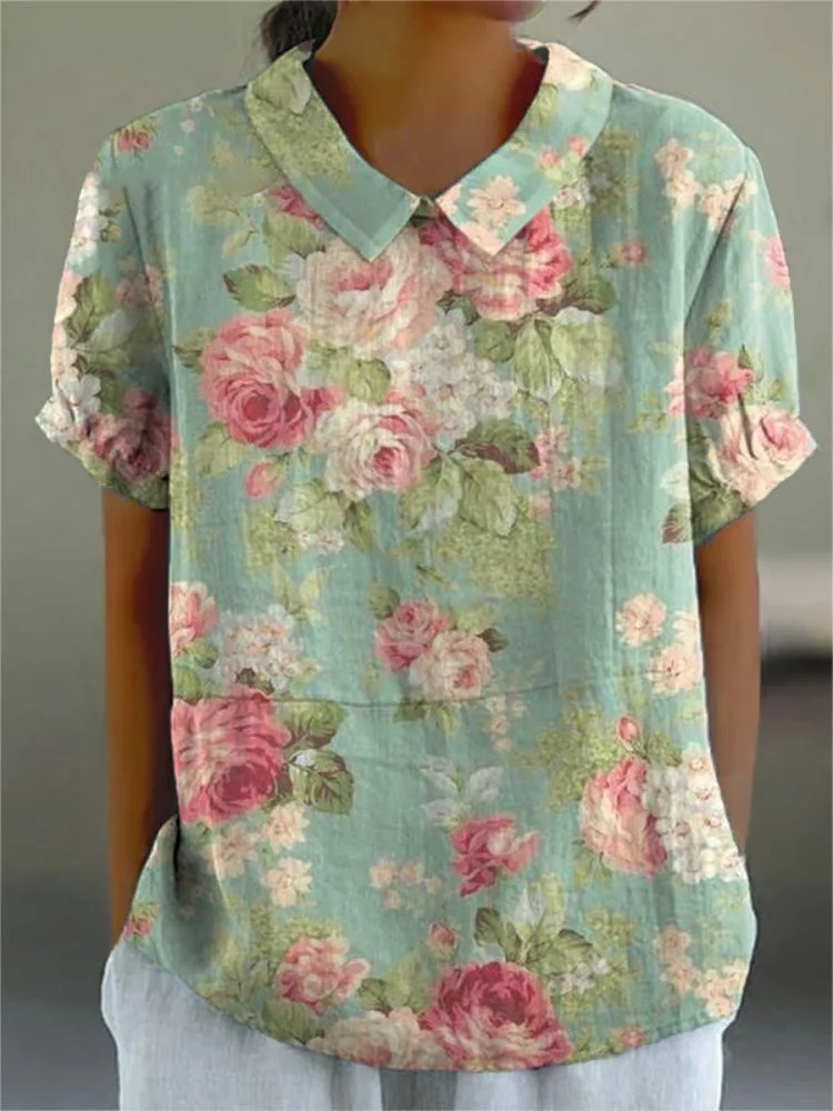Womens Artistic Watercolor Rose Pattern Casual Cotton And Linen Top