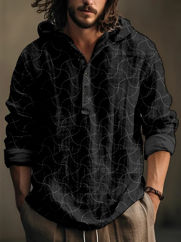 Japanese Sashiko Geometric Art Linen Blend Hooded Shirt
