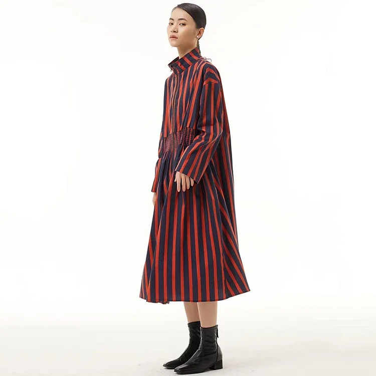 Casual Stand Collar Striped Pleated Elasticity Shrink Waist Long Sleeve Zip-up Dress