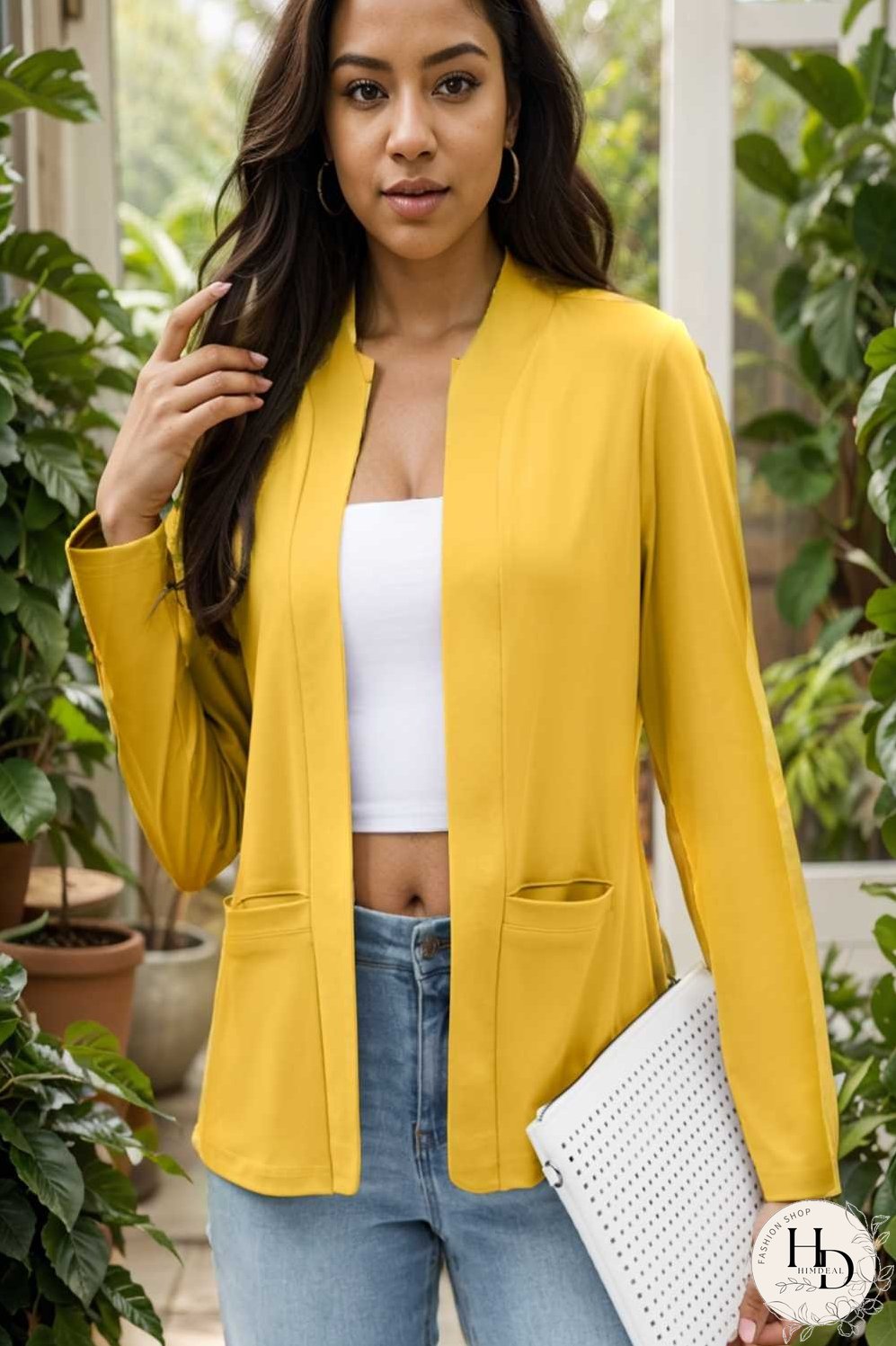 solid long sleeves pockets open front versatile blazer