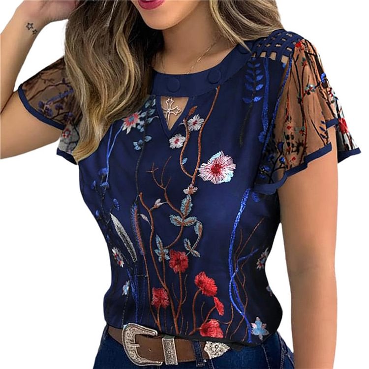 4 Styles Sexy Women Ladies Ruffle Sleeve Tops Pullover Dot Polk Embroidery Floral Print Blouse OL Casual Chiffon Jumper Tee - BlackFridayBuys