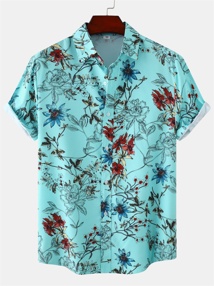 Summer New Floral Print Men's Casual Lapel Shirt Short-sleeved Floral Shirt Slim-type Men's Clothing-JRSEE