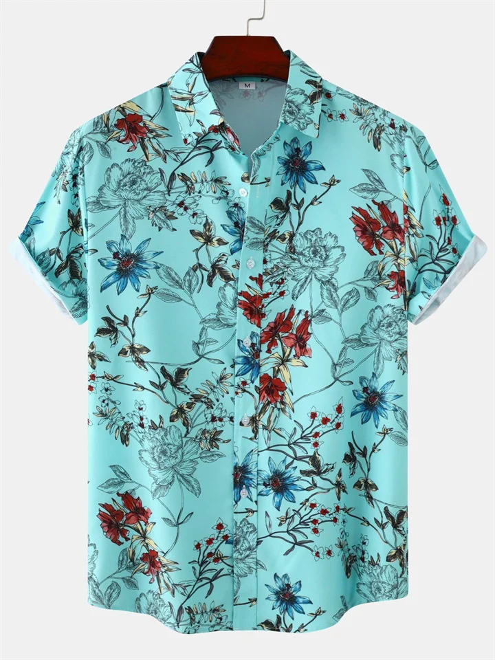 Summer New Floral Print Men's Casual Lapel Shirt Short-sleeved Floral Shirt Slim-type Men's Clothing-JRSEE