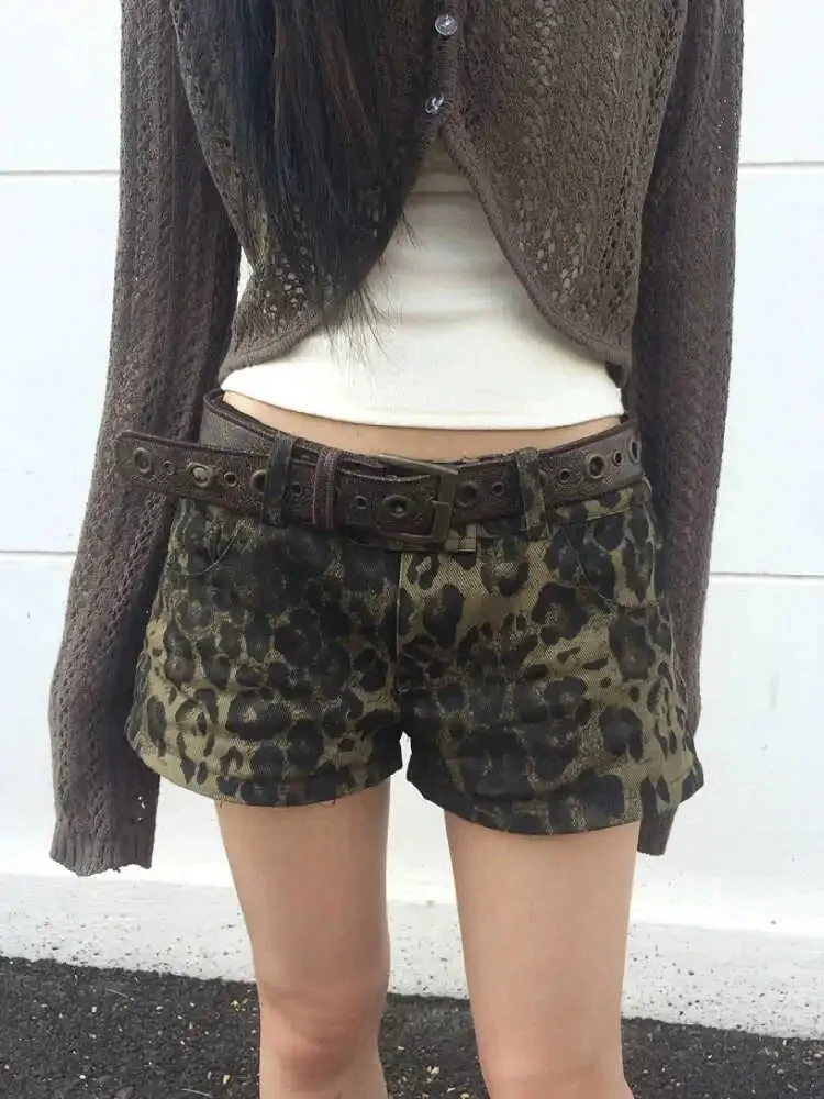 Nncharge Harajuku High Waist Street Style Fashion Leopard Print Shorts 2024 Summer Women's Sexy Hotsweet Slim Fit Denim Shorts