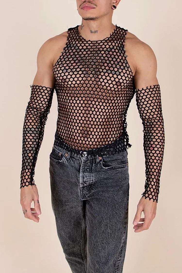 Ciciful Fishnet Hollow Out Bodycon Tank Top With Gloves
