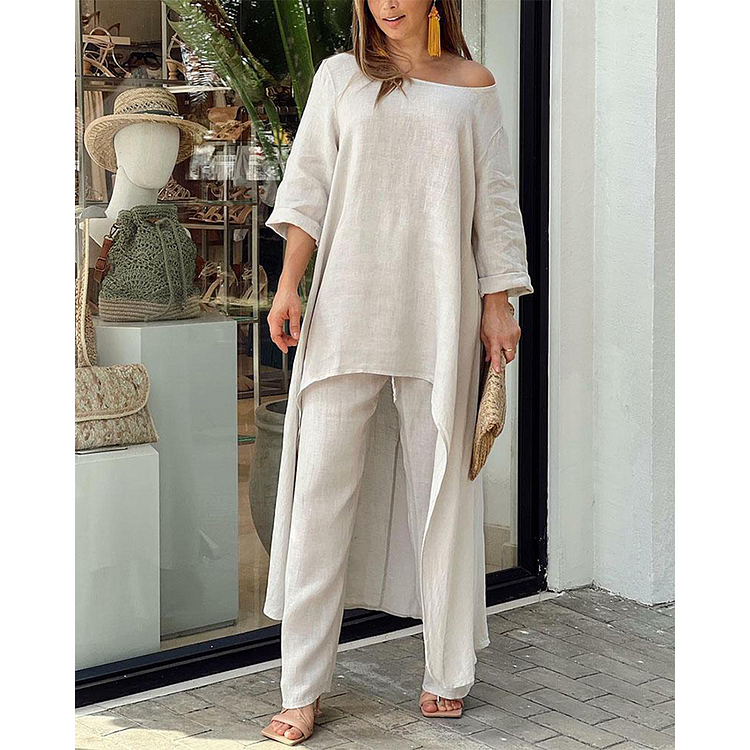 Linen Loose Solid Color Casual Two Piece Set