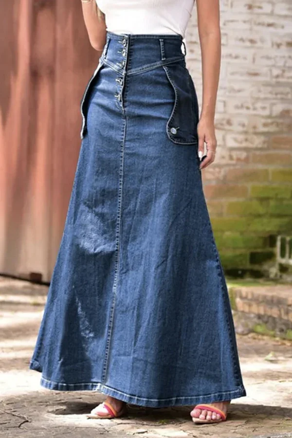 Guchioe Fashion Loose Knee Skirt Casual Denim Long Skirt