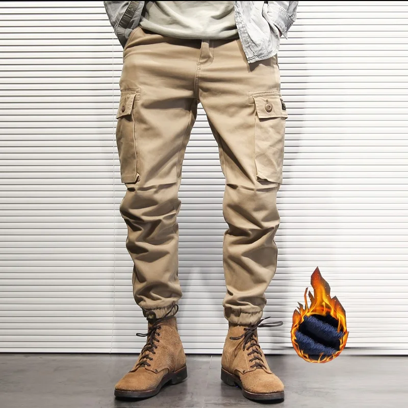 Retro Fleece Thick Khaki Multi-pocket Casual Pants
