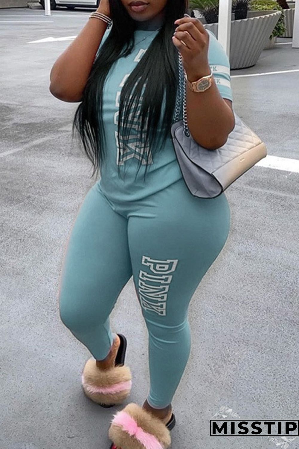 Green Fashion Casual Letter Print Basic O Neck Plus Size Two Pieces