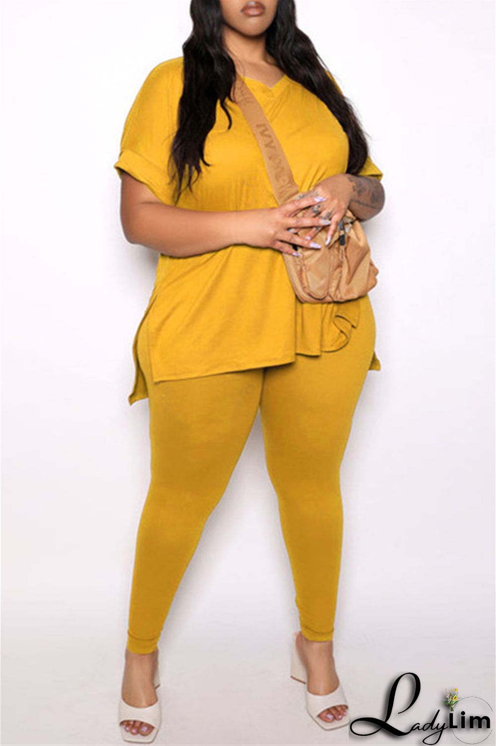 Tibetan Blue Fashion Casual Solid Slit V Neck Plus Size Two Pieces