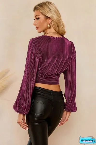 Drawstring V-Neck Balloon Sleeve Blouse