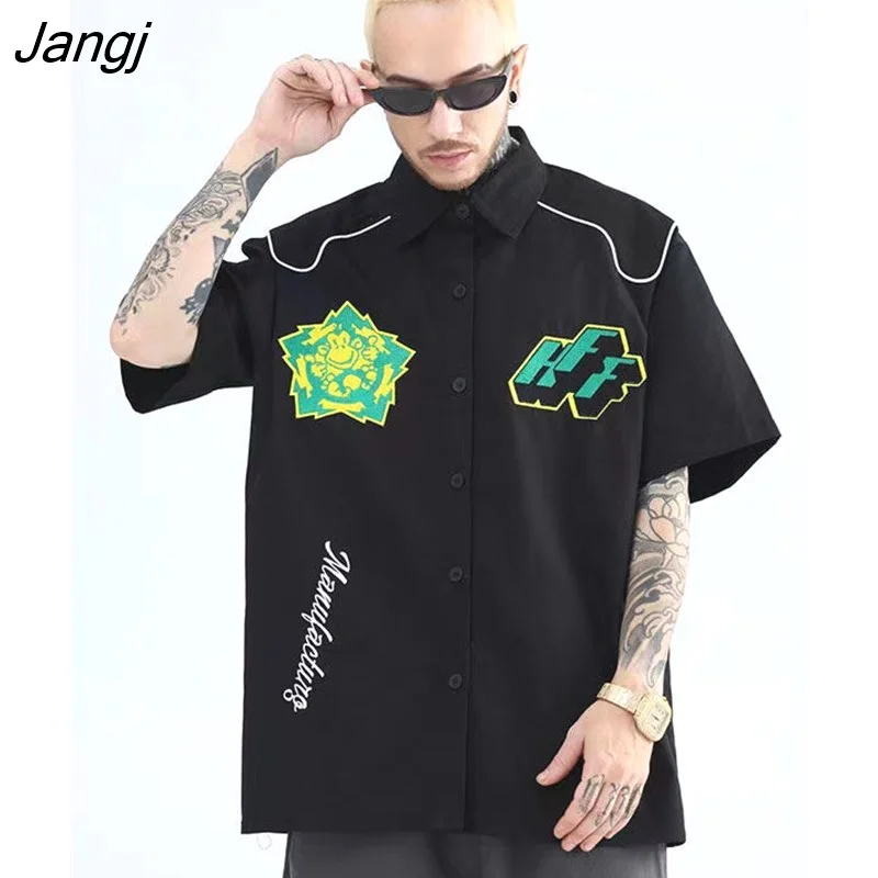 Jangj American retro embroidery high sense fried Street casual shirt men's and women's high Street hip camisas feminina