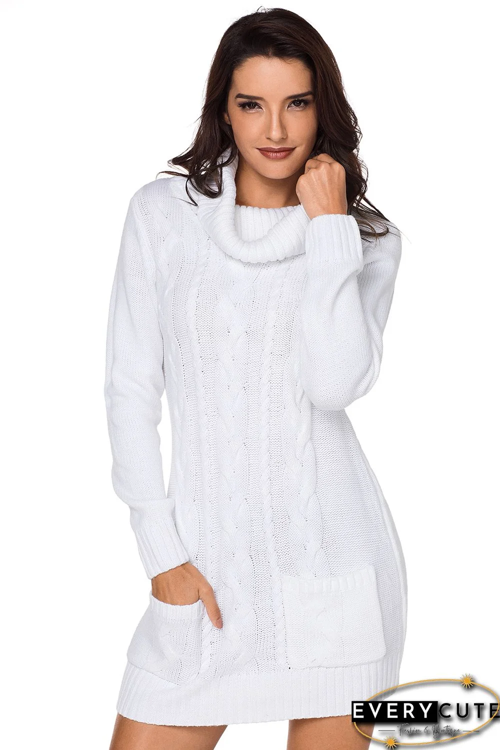 White Cowl Neck Cable Knit Sweater Dress