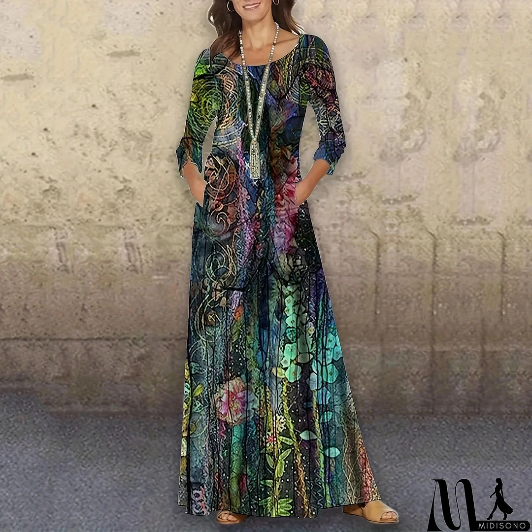 MidiSono - Women Fashion Casual Floral Printing Long Sleeve Maxi Dress