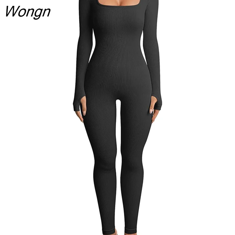Wongn Black Blue Long Sleeve Basic Jumpsuit Women Ribbed Elastic Hight Waist Fashion Fitness Sportwear Rompers Overllas Clothes