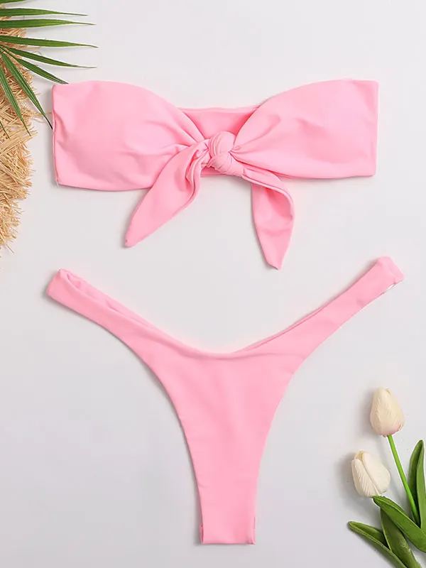 Barbie Pink Knotted Bandeau Split Bikini Swimsuit