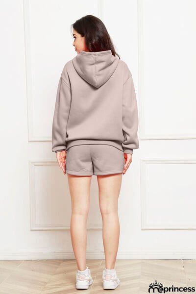 Drop Shoulder Long Sleeve Hoodie and Shorts Set