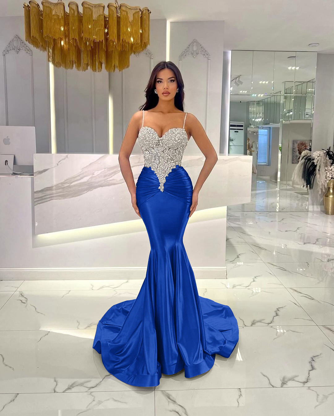 Baby Blue Mermaid Prom Dress Long Sweatheart Sleeveless with Beads YH0076