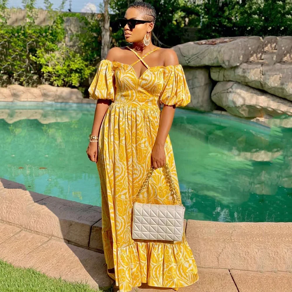 Uveng Uveng New Spring-Summer Women's Dress Print Open Fork Bra Hanging Neck V-Neck Dress