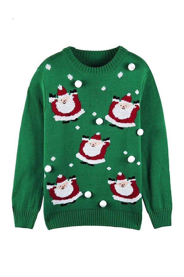 Womens Crew Neck Pom Pom Santa Ugly Christmas Sweater Green-elleschic