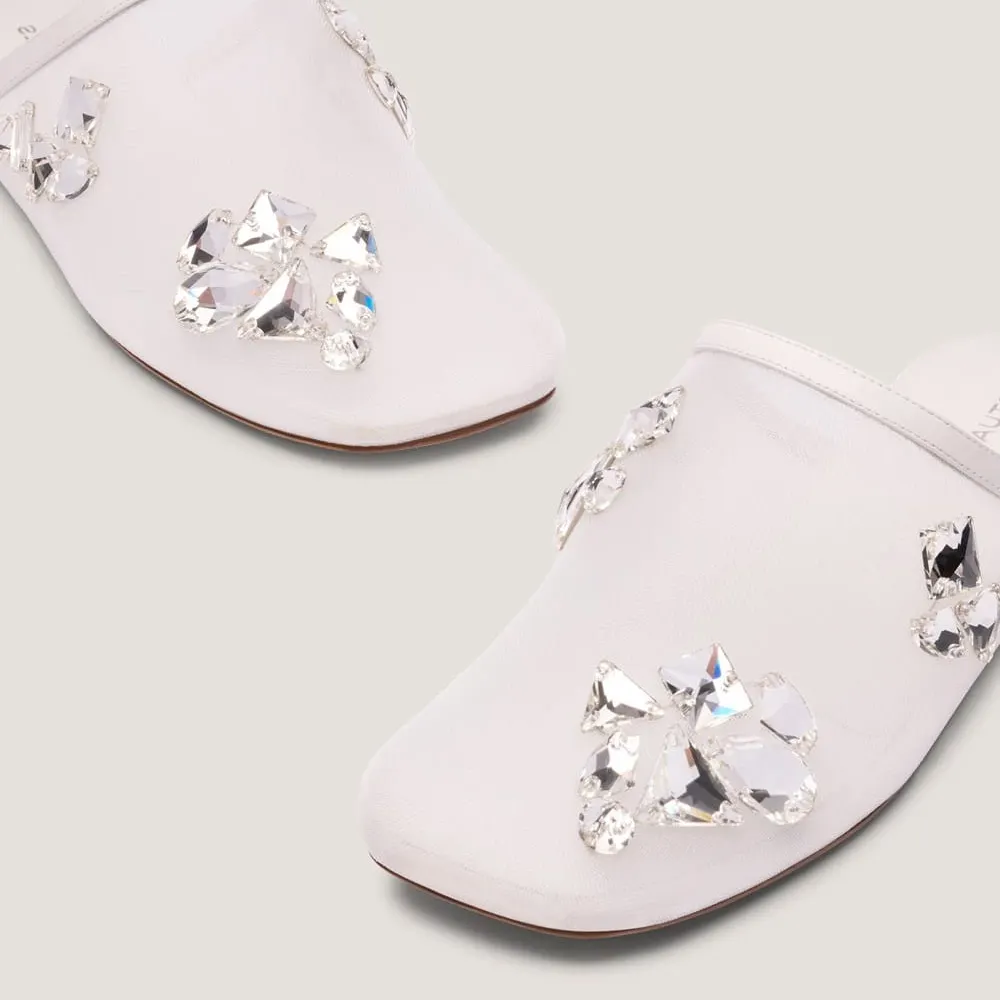 White Mesh Square Toe Slip On Gem Embellishment Flat Mules