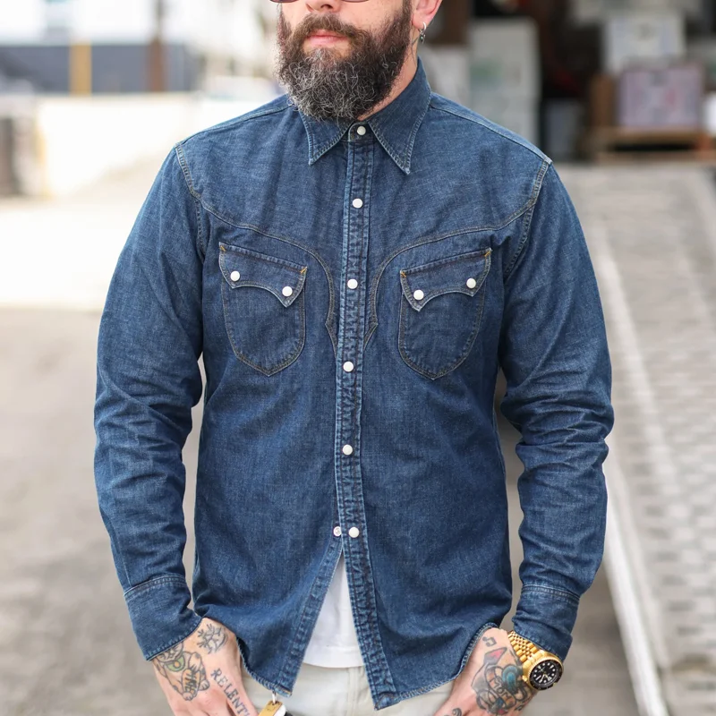 Western Denim Faded Indigo Slim Fit Casual Shirt