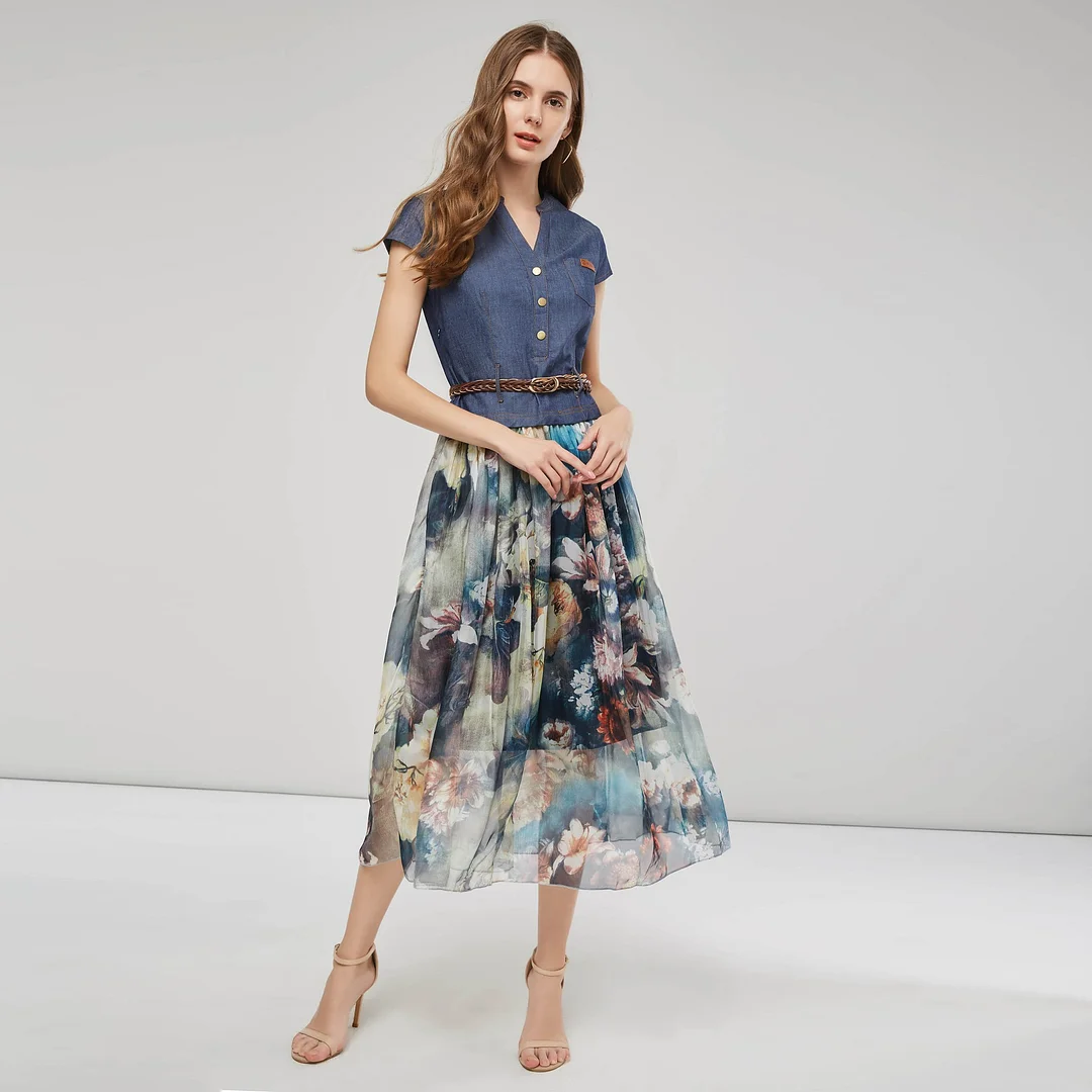 Brownm Brownm Summer New Women's Temperament Fashion Denim Dress Sleeveless Splicing Print Mid-Long Dress