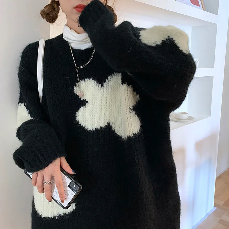 Winter Pullover Cloud Sweater Women Ins Fashion Sweet Soft Knitted Top O-neck Baggy Thicker Jumpers Warm Streetwear Ulzzang Cozy