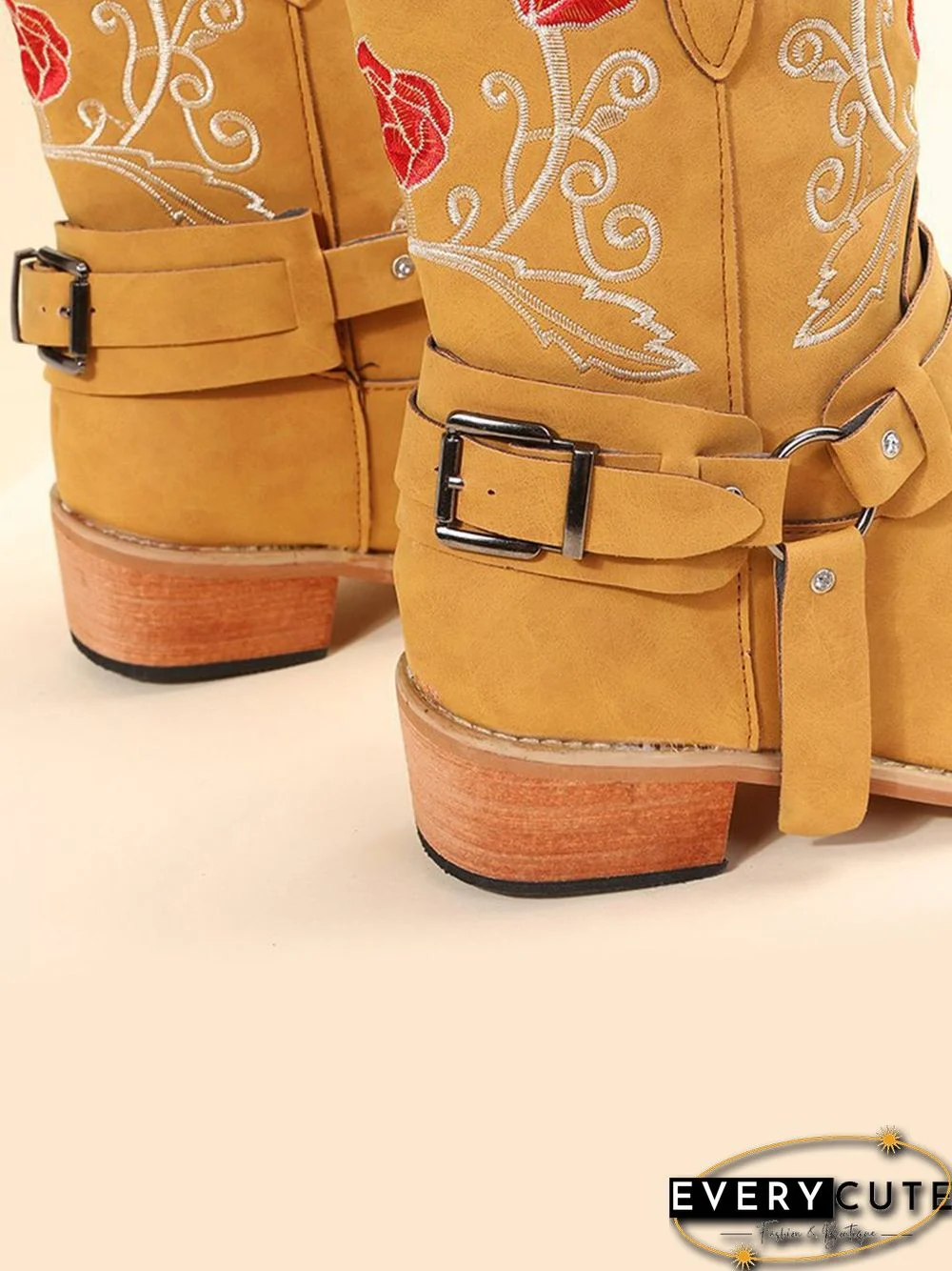 Vintage Floral Embroidered Sleeve Pointed Toe Chunky Heel Cowboy Boots