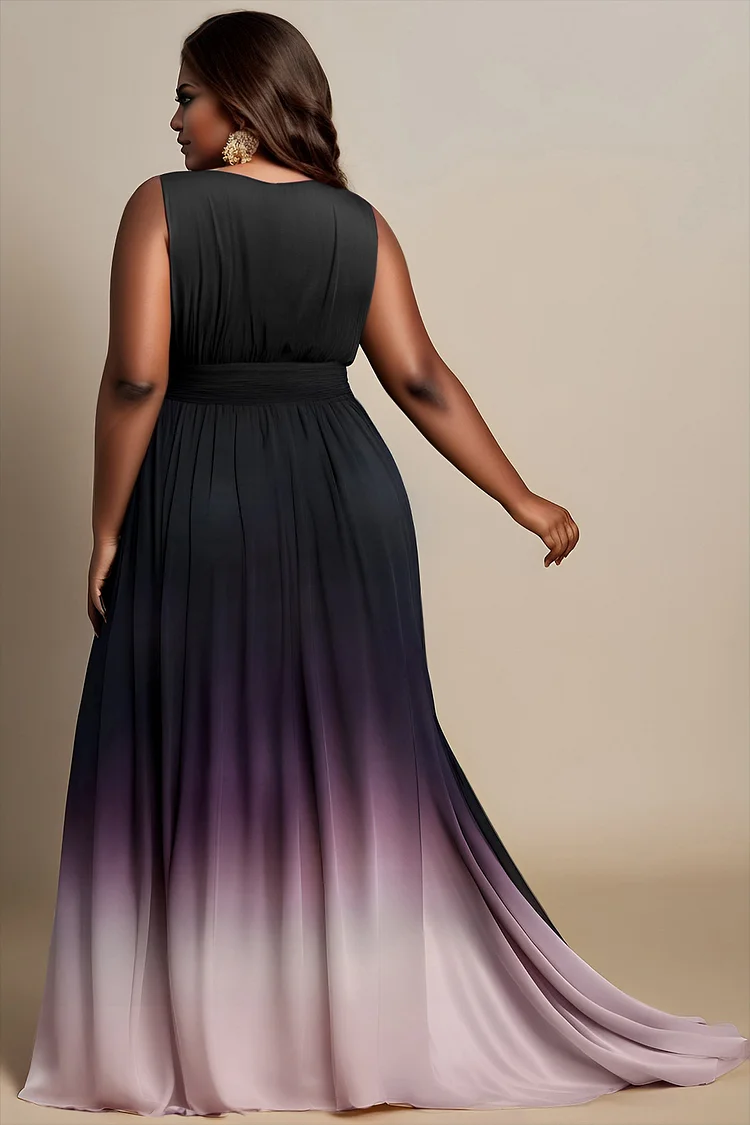 Xpluswear Design Plus Size Formal Purple Gradient Wrap Neck Sundress Maxi Dresses