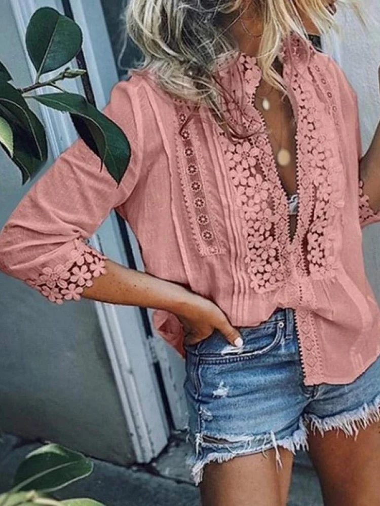 Casual Solid Color Lace Trim 3/4 Sleeve Blouse