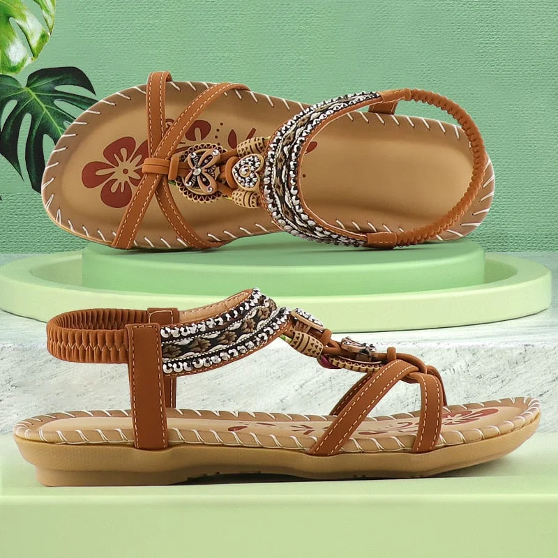 Women Sandals 2021 Rhinestone Flower Print Sewing Summer women sandals Elastic band Sandals Paltform Memory foam Sandals ladies
