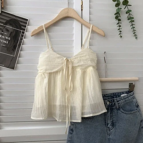 Wongn Summer New Korean Style Sweet Crop Tops All-Match Bow Tie Sleeveless Short Mesh Outer Wear Spaghetti-Strap Camisole Top 703-1